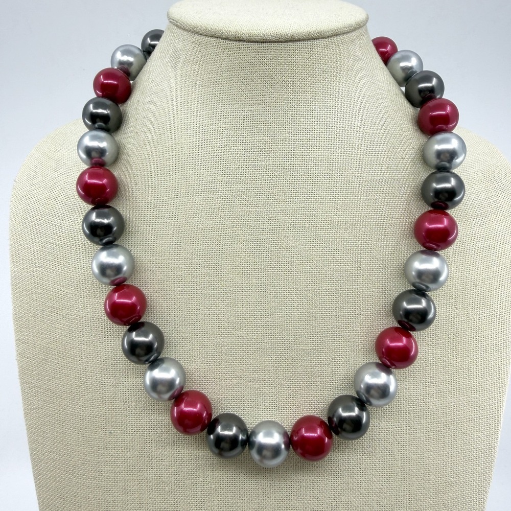 Chunky Pink Gray Silver Faux Pearl Beaded Necklace Statement Adjustable Chain